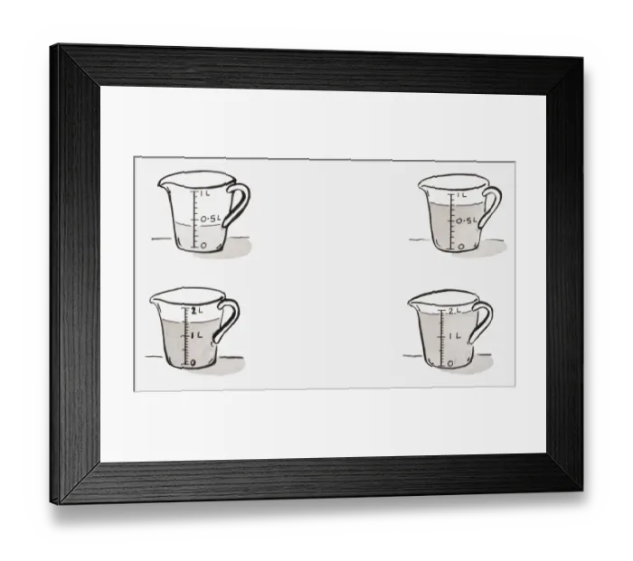 Framed Print : Black and white illustration of four measuring jugs filled to different levels Framed Print : Black and white illustration of four measuring jugs filled to different levels