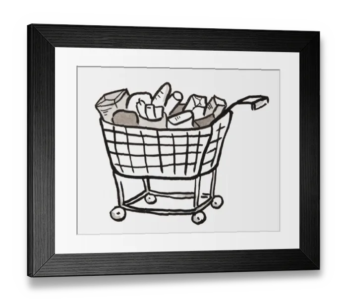 Framed Print : Black and white illustration of groceries in shopping trolley Framed Print : Black and white illustration of groceries in shopping trolley