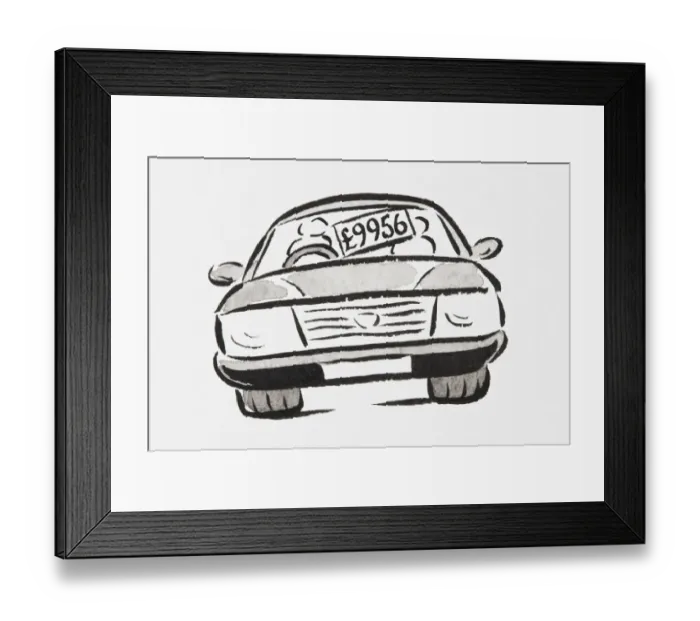Framed Print : Black and white illustration of a car with a price tag in the window Framed Print : Black and white illustration of a car with a price tag in the window