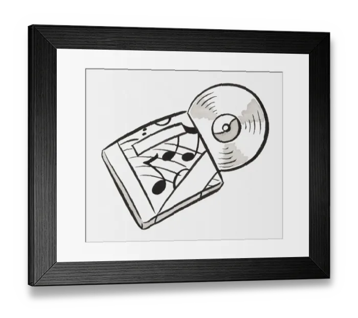 Framed Print : Black and white illustration of CD out of case Framed Print : Black and white illustration of CD out of case