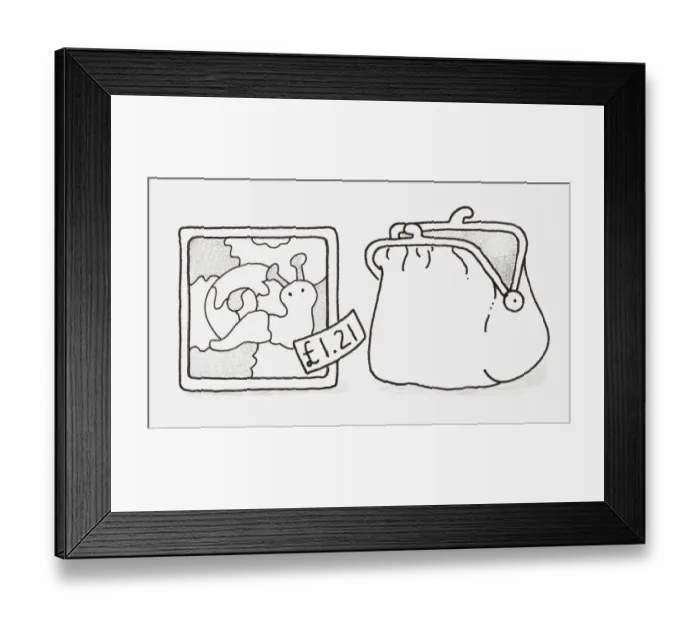 Framed Print : Black and white illustration of a jigsaw puzzle of a snail with a price tag on it, and an open purse Framed Print : Black and white illustration of a jigsaw puzzle of a snail with a price tag on it, and an open purse