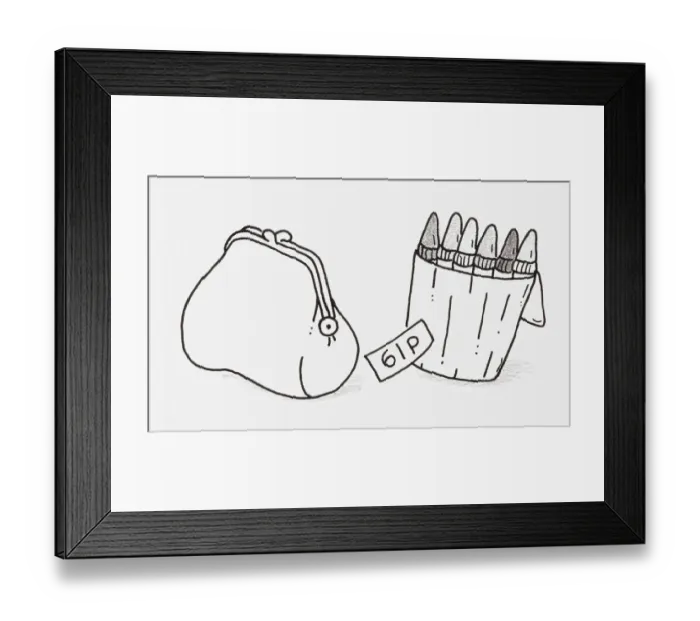 Framed Print : Black and white illustration of a box of crayons with a price tag, next to a purse