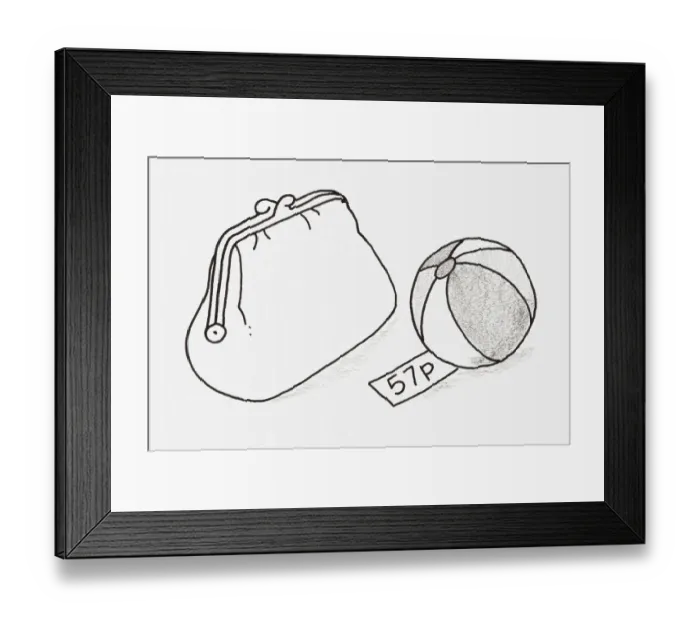 Framed Print : Black and white illustration of a ball with a price tag, next to a purse Framed Print : Black and white illustration of a ball with a price tag, next to a purse