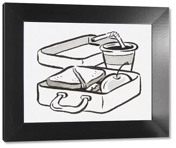Black and white illustration of a lunch box and soft drink