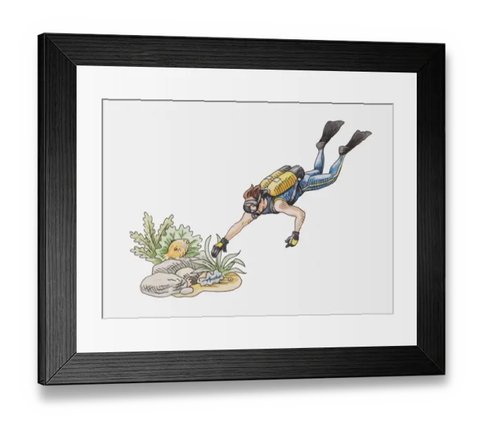 Framed Print : Illustration of scuba diver touching some plants on the seabed Framed Print : Illustration of scuba diver touching some plants on the seabed