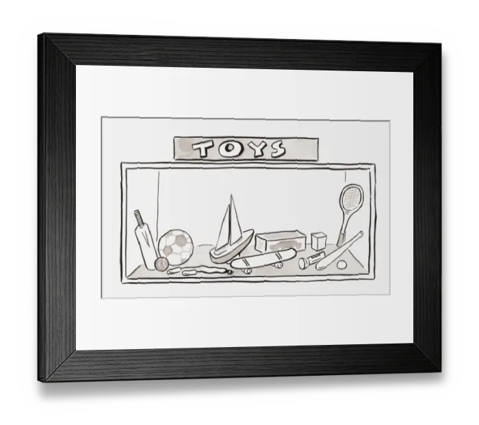 Framed Print : Black and white illustration of toys displayed in shop window Framed Print : Black and white illustration of toys displayed in shop window