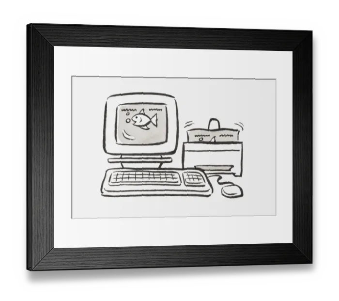 Framed Print : Black and white illustration of a personal computer with fish shown on the screen and printed copy coming out of the printer