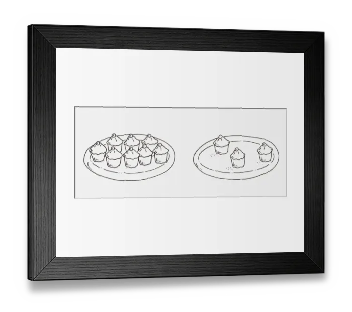 Framed Print : Black and white illustration of two plates of cupcakes