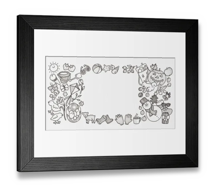 Framed Print : Black and white illustration of toys arranged to form a border Framed Print : Black and white illustration of toys arranged to form a border