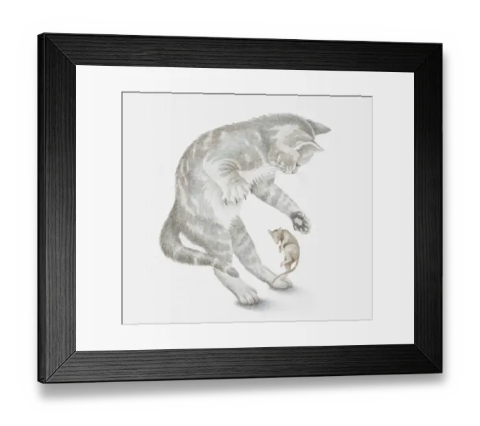 Framed Print : Illustration of a cat trying to catch a mouse Framed Print : Illustration of a cat trying to catch a mouse
