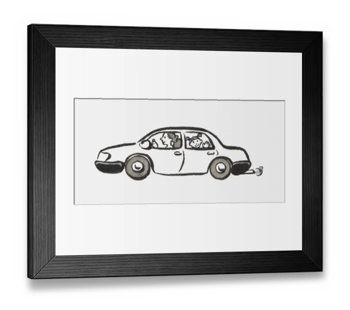 Framed Print : Black and white illustration of woman driving a car and girl on the back seat waving Framed Print : Black and white illustration of woman driving a car and girl on the back seat waving