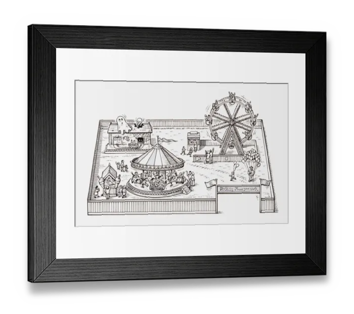 Framed Print : Black and white illustration of a fairground