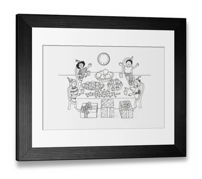 Framed Print : Black and white Illustration of children sitting around a table at birthday party Framed Print : Black and white Illustration of children sitting around a table at birthday party