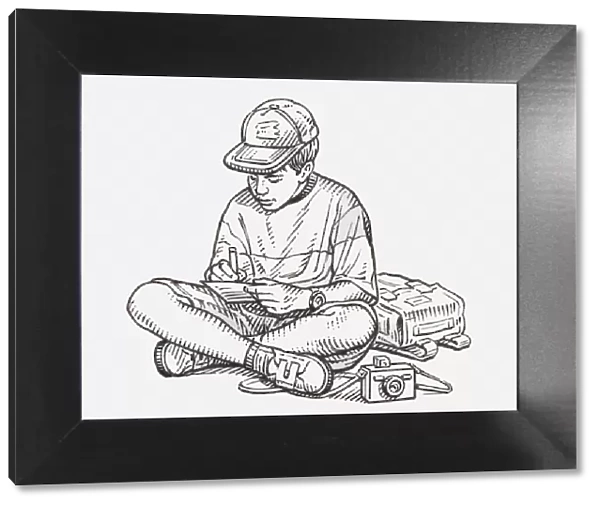 Black and white illustration of a boy sitting cross-legged on the floor and making notes, camera and satchel nearby