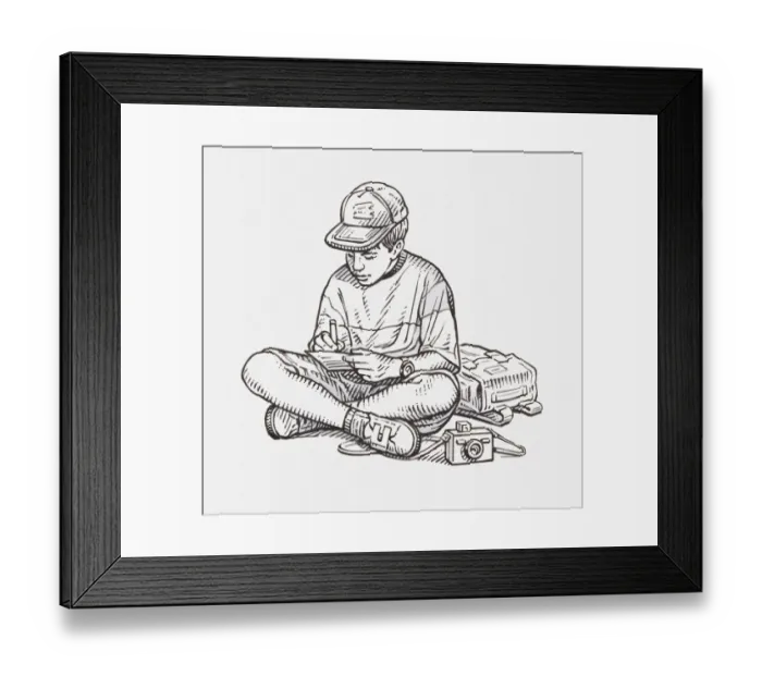 Framed Print : Black and white illustration of a boy sitting cross-legged on the floor and making notes, camera and satchel nearby Framed Print : Black and white illustration of a boy sitting cross-legged on the floor and making notes, camera and satchel nearby