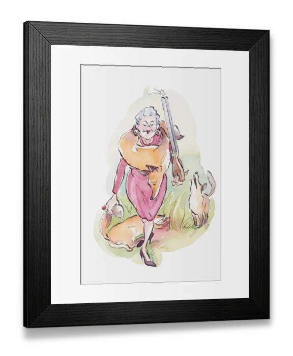 Framed Print : Illustration, cartoon of a woman with a dead fox draped around her neck and holding a smoking shotgun, a dead fox and a howling fox in the background Framed Print : Illustration, cartoon of a woman with a dead fox draped around her neck and holding a smoking shotgun, a dead fox and a howling fox in the background