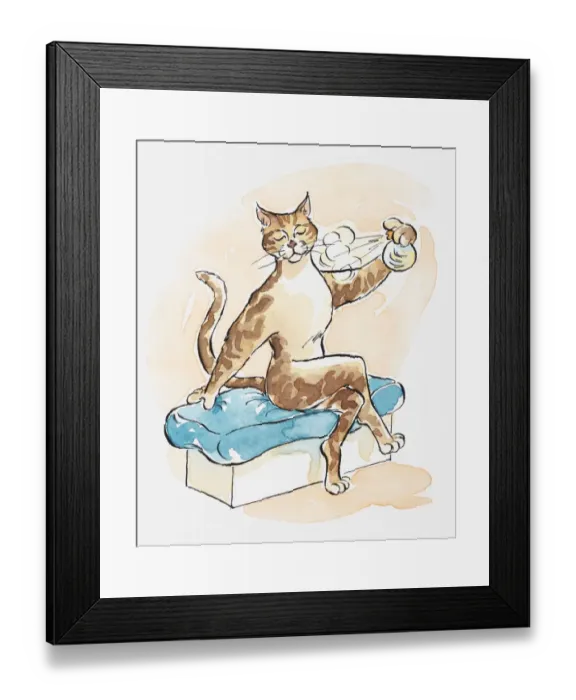 Framed Print : Illustration, cartoon of a cat spraying its territory with urine Framed Print : Illustration, cartoon of a cat spraying its territory with urine