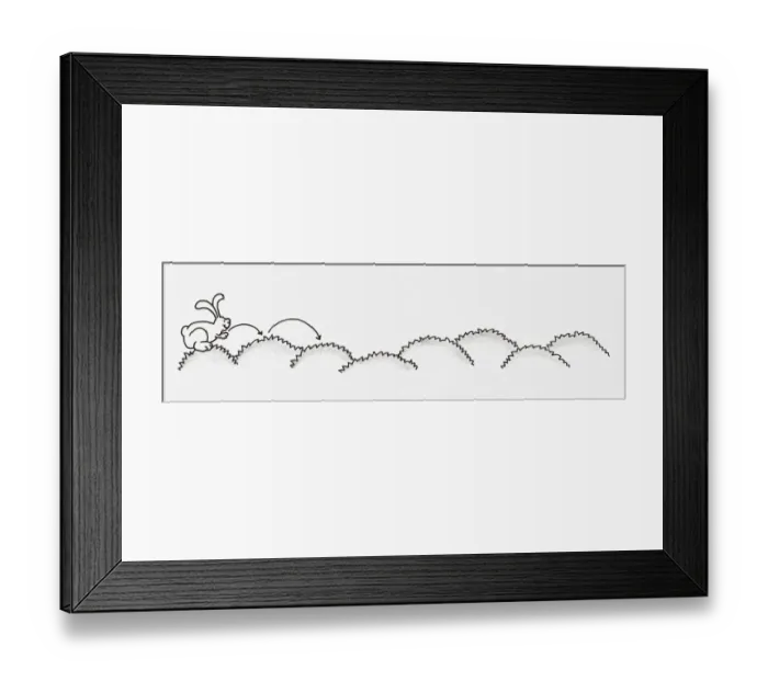 Framed Print : Black and white illustration of a rabbit hopping across small hills Framed Print : Black and white illustration of a rabbit hopping across small hills