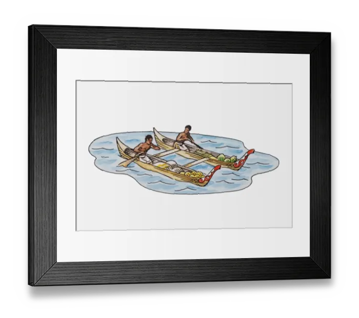 Framed Print : Illustration of two men in canoes loaded with tropical fruit Framed Print : Illustration of two men in canoes loaded with tropical fruit