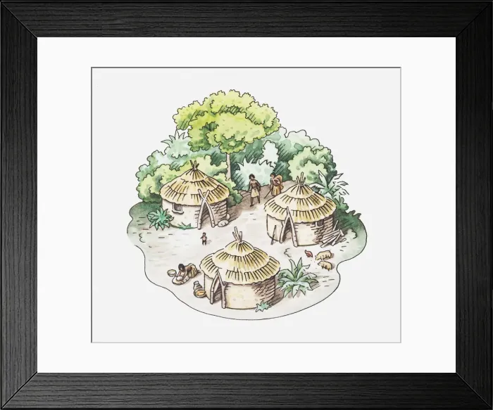Framed Print : Illustration of conical huts in tribal village Framed Print : Illustration of conical huts in tribal village