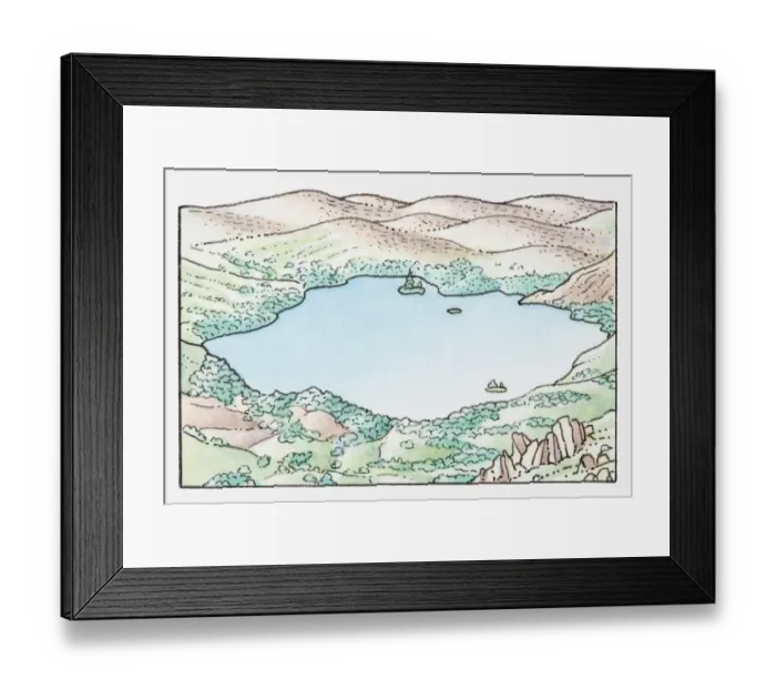 Framed Print : Illustration of a lake in landscape of mountains and hills Framed Print : Illustration of a lake in landscape of mountains and hills