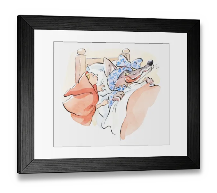 Framed Print : Illustration of Little Red Riding Hood standing by the wolfs bedside Framed Print : Illustration of Little Red Riding Hood standing by the wolfs bedside