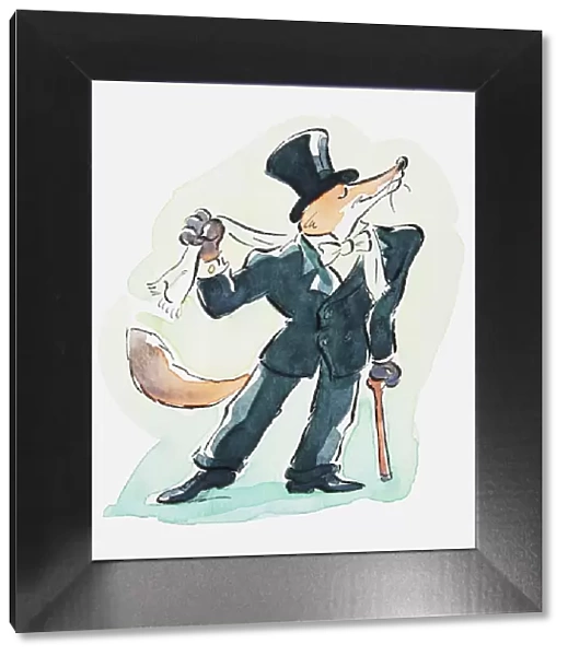 Illustration of a fox dressed in suit and top hat