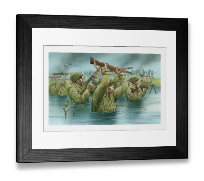Framed Print : Illustration of of American soldiers wading waist deep in water with rifles held aloft during D Day landing on Utah Beach Framed Print : Illustration of of American soldiers wading waist deep in water with rifles held aloft during D Day landing on Utah Beach