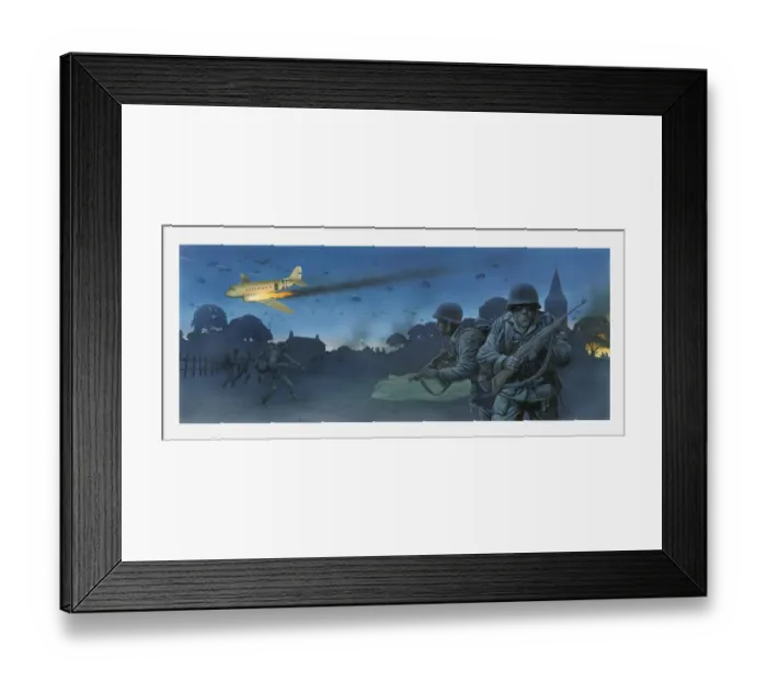 Framed Print : Illustration of American soldiers in fields at night on D Day and parachuting from aeroplane hit by enemy fire
