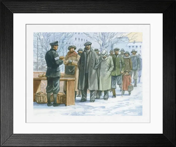 Framed Print : Illustration of German people queuing to collect handouts of free food in the 1930s from soldier Framed Print : Illustration of German people queuing to collect handouts of free food in the 1930s from soldier