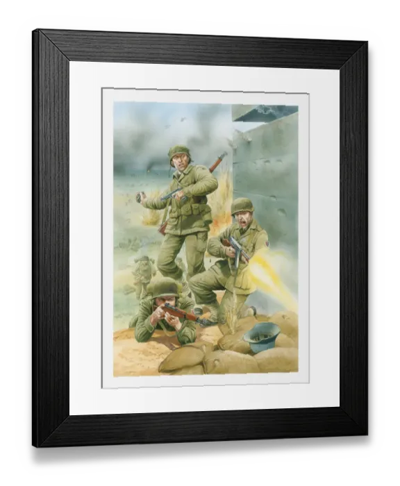 Framed Print : Illustration of of American soldiers firing rifles and throwing grenades next to German bunker during D Day landing on Omaha