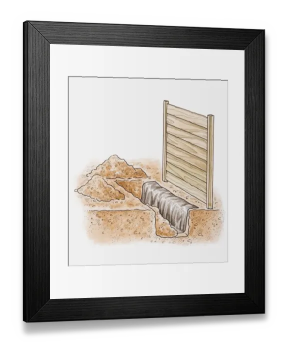 Framed Print : Illustration of trench lined with polythene to make a weed barrier, preventing creeping roots of weeds from finding their way under a fence Framed Print : Illustration of trench lined with polythene to make a weed barrier, preventing creeping roots of weeds from finding their way under a fence
