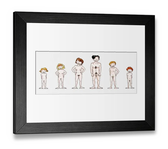 Framed Print : Illustration of a man, a women and children in the nude, front view Framed Print : Illustration of a man, a women and children in the nude, front view