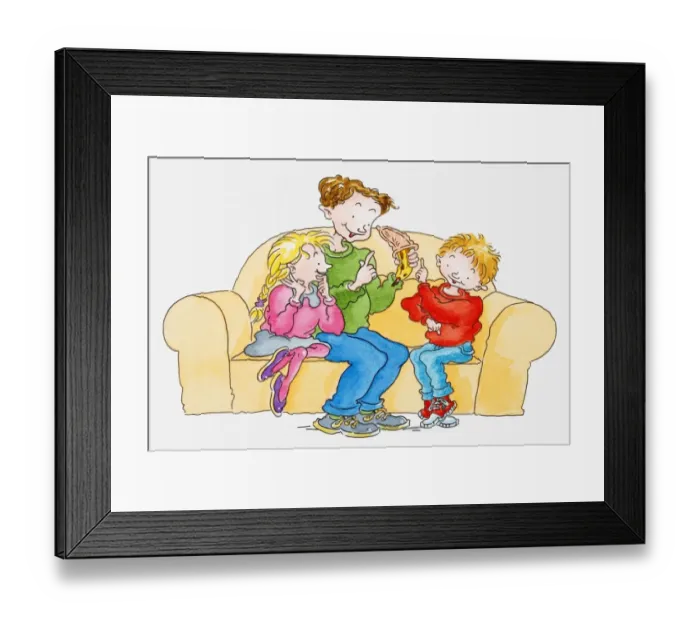 Framed Print : Illustration of a man sitting on sofa with boy and girl, showing condom pulled over a banana Framed Print : Illustration of a man sitting on sofa with boy and girl, showing condom pulled over a banana