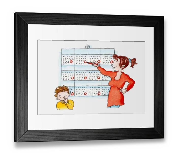 Framed Print : Illustration of woman circling dates on calendar, boy standing near her with finger in his mouth Framed Print : Illustration of woman circling dates on calendar, boy standing near her with finger in his mouth