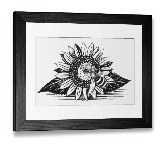 Framed Print : Black and white illustration of bee on sunflower Framed Print : Black and white illustration of bee on sunflower