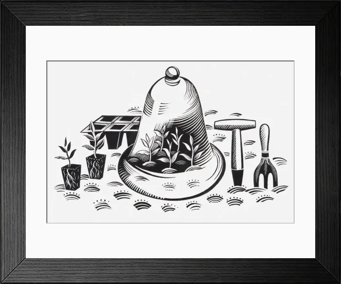 Framed Print : Black and white illustration of plants under cloche, a module tray, plug plants, and gardening tools Framed Print : Black and white illustration of plants under cloche, a module tray, plug plants, and gardening tools