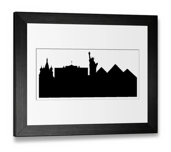Framed Print : Digital silhouette of Kremlin, Buckingham Palace, Statue of Liberty and Pyramids of Giza Framed Print : Digital silhouette of Kremlin, Buckingham Palace, Statue of Liberty and Pyramids of Giza
