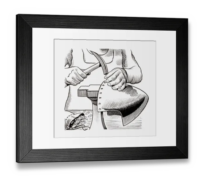 Framed Print : Black and white illustration of medieval armourer making helmet Framed Print : Black and white illustration of medieval armourer making helmet