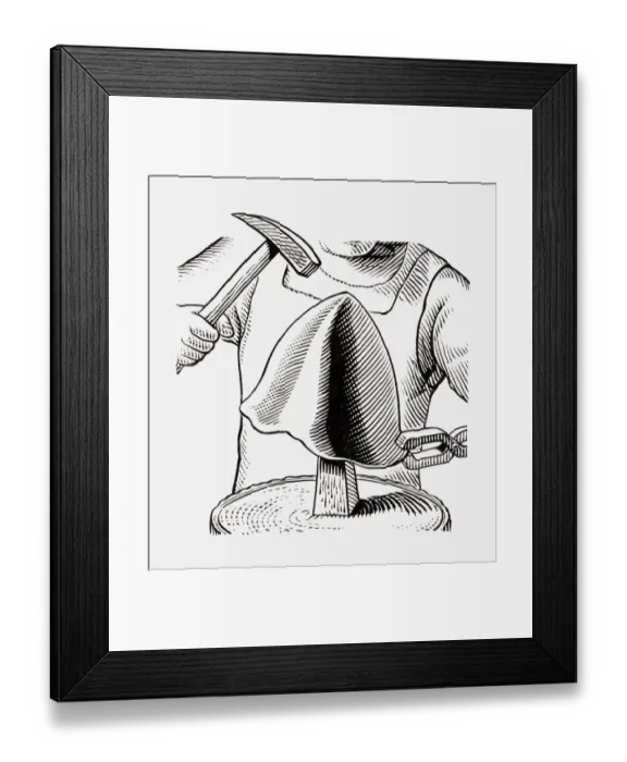 Framed Print : Black and white illustration of medieval armourer making helmet