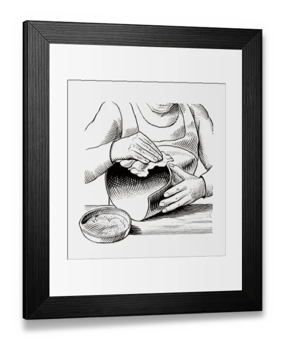 Framed Print : Black and white illustration of medieval armourer polishing helmet