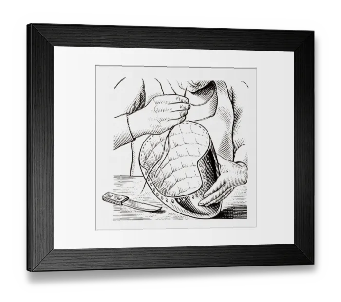 Framed Print : Black and white illustration of medieval armourer making helmet Framed Print : Black and white illustration of medieval armourer making helmet