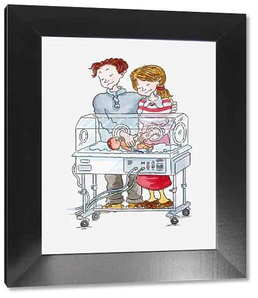 Illustration of a woman and man standing next to incubator touching baby inside