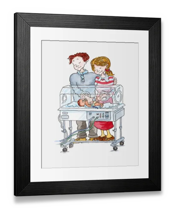 Framed Print : Illustration of a woman and man standing next to incubator touching baby inside Framed Print : Illustration of a woman and man standing next to incubator touching baby inside