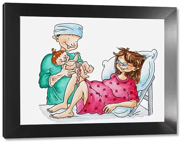 Illustration of mother and newborn baby with umbilical cord still attached, baby being held by nurse