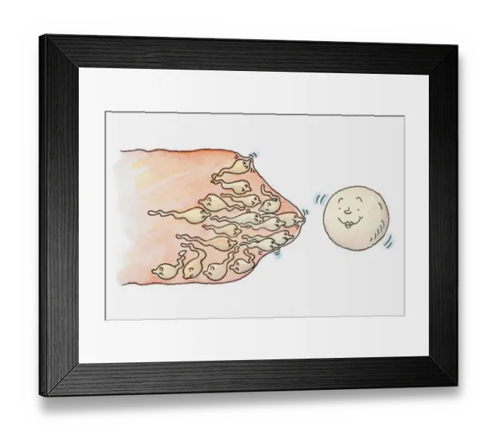 Framed Print : Illustration of a group of sperm trapped in a condom near egg, all with anthropomorphic faces Framed Print : Illustration of a group of sperm trapped in a condom near egg, all with anthropomorphic faces