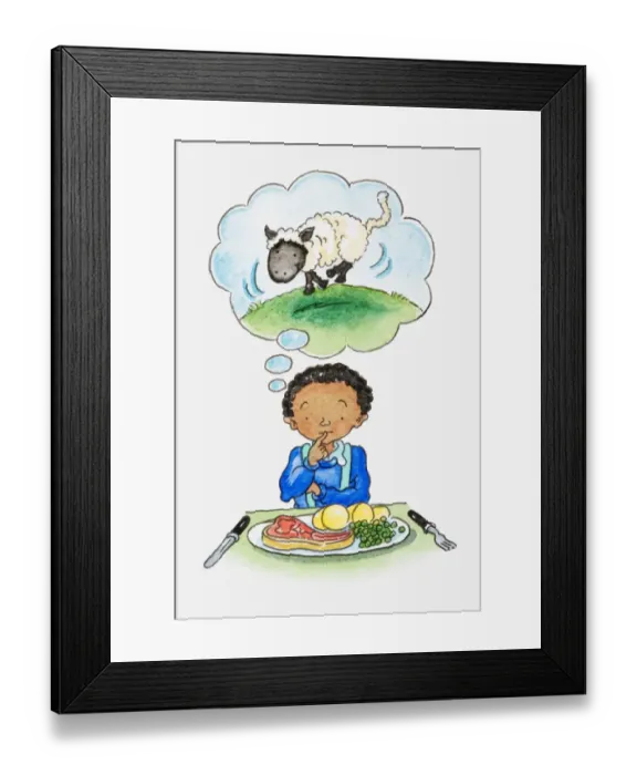 Framed Print : Illustration of boy sitting at table, plate of meat and vegetables in front of him, thought bubble showing picture of a sheep Framed Print : Illustration of boy sitting at table, plate of meat and vegetables in front of him, thought bubble showing picture of a sheep