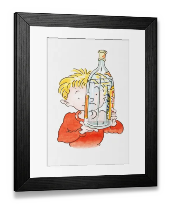 Framed Print : Illustration of boy holding a bottle of alcohol up to his face Framed Print : Illustration of boy holding a bottle of alcohol up to his face
