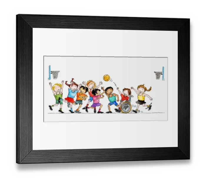 Framed Print : Illustration of a group of children including a child in a wheelchair playing basketball together Framed Print : Illustration of a group of children including a child in a wheelchair playing basketball together