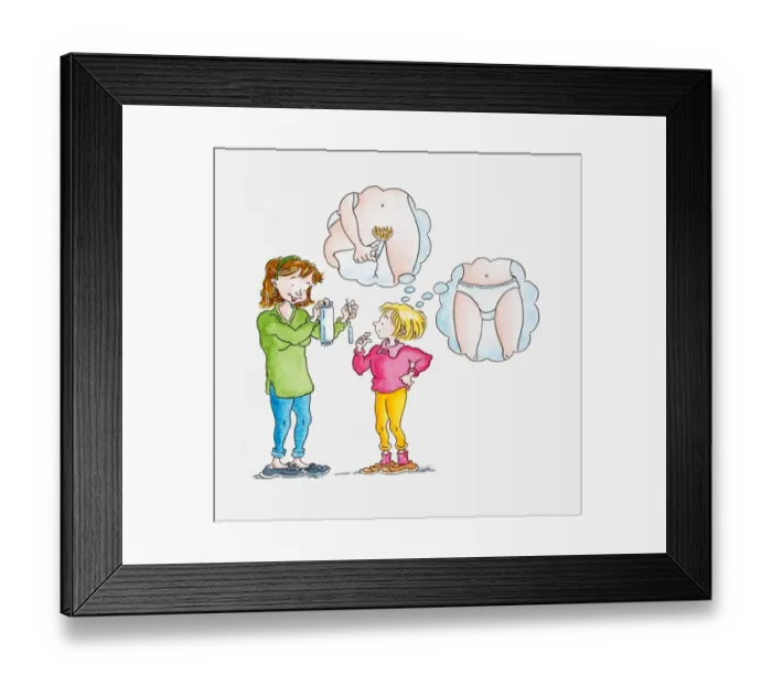 Framed Print : Illustration of woman showing tampon and sanitary pad to girl, thought bubbles above girls head visualising the use of both